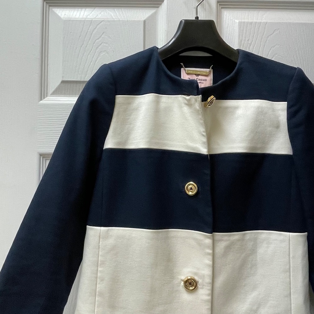 Juicy Couture Women's Sz XS Navy & White Color Blocked Long Lined Trench Pockets